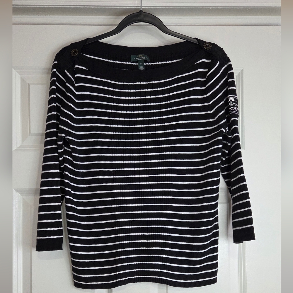 Lauren Ralph Lauren Black & White Striped Boatneck Sweater - Size XL